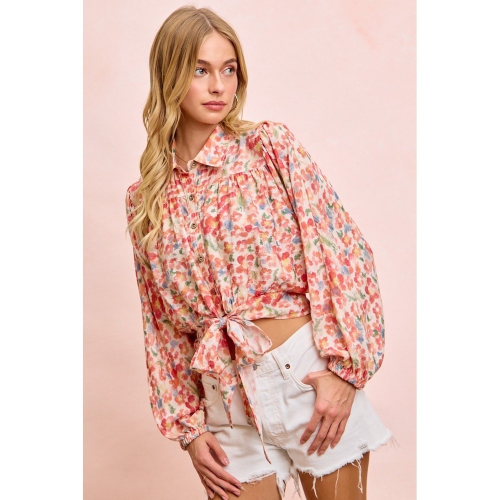 BiBi Floral Print Tie‎ Hem Detail Crop Shirt - Floral - Small